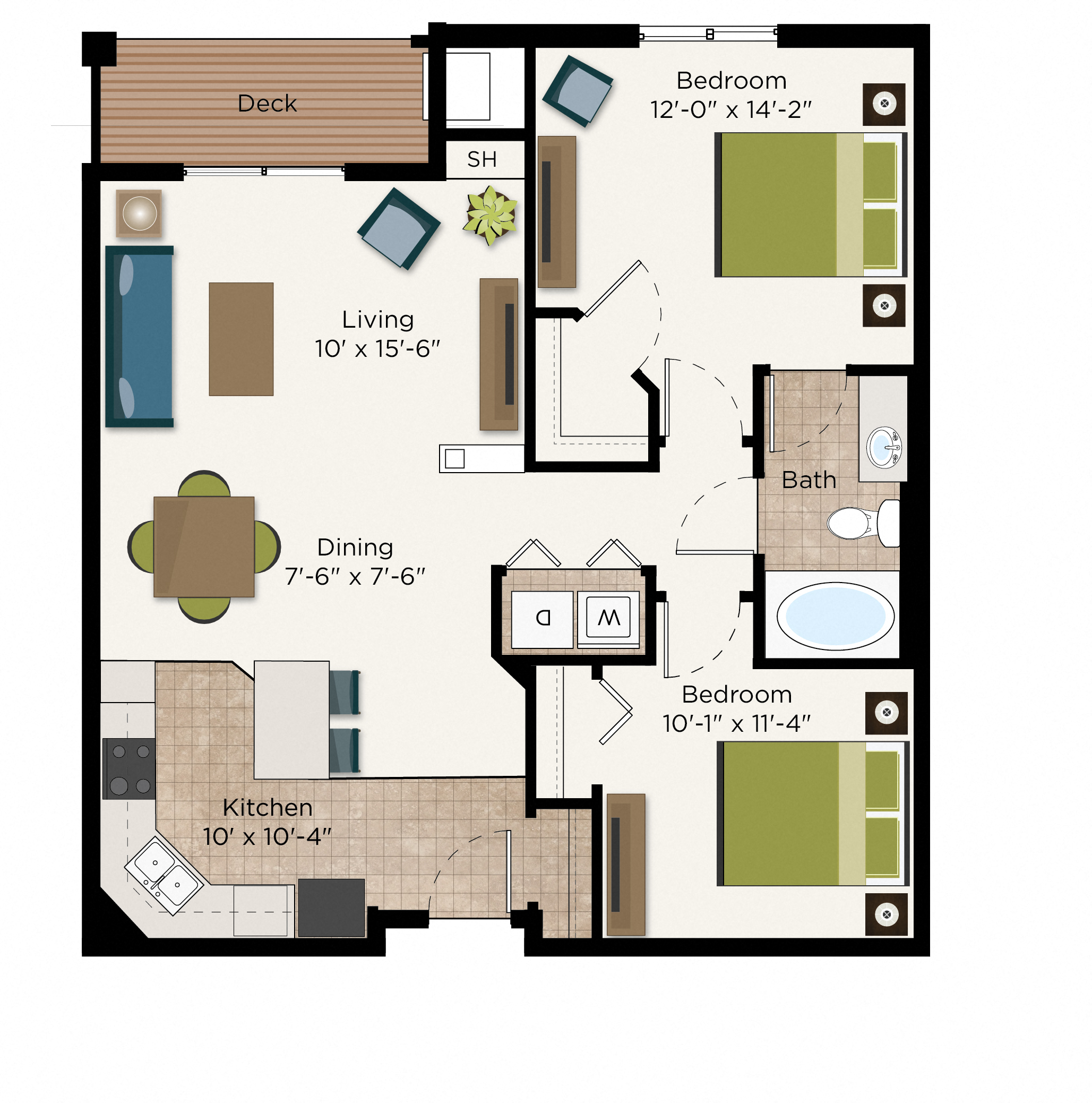 Floor plan for 2 beds, 1 bath, 1009 sqft
